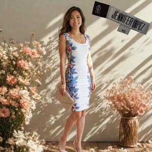 JENNIFER LOPEZ Women's White Blue Floral Textured Sleeveless Sheath Dress XS